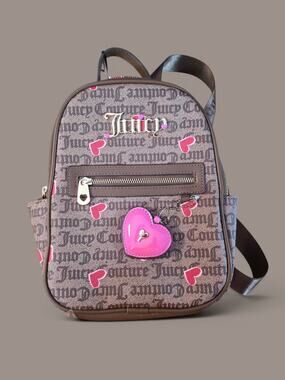 Juicy Couture Brown Gothic Monogram Mini Backpack Pink Hearts Y2K